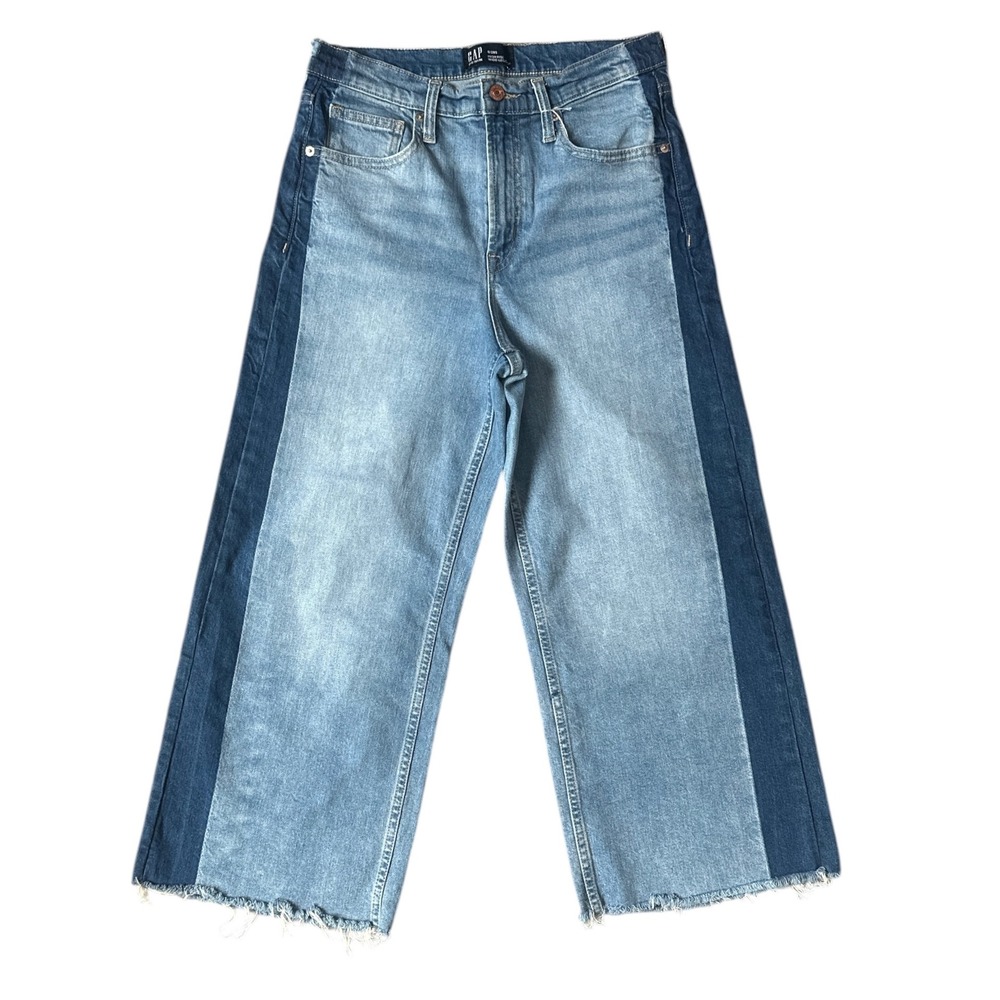 Gap Wide-Leg Jeans Womens 8/29S Blue Excellent Two-Tone High Rise Frayed Hem